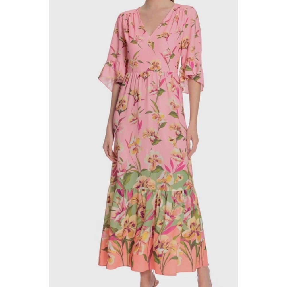 London Times Floral Maxi Dress 10 Pink New Ruffle Bell Sleeve V-Neck Tiered